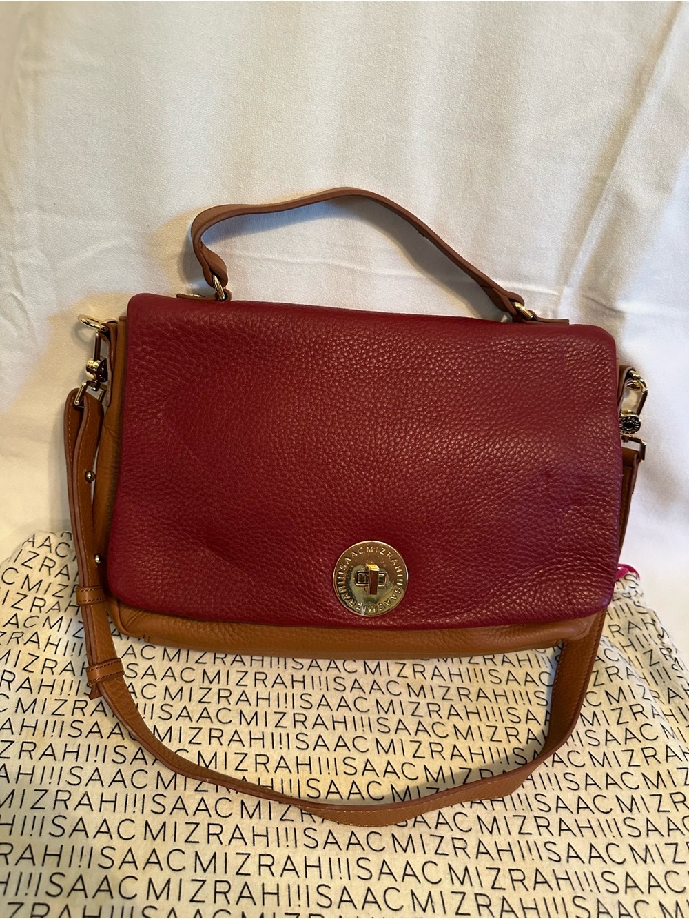 Isaac Mizrahi Red and Tan Leather Satchel with Turn-Lock